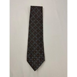 XMI Silk Necktie Mens 59 x 3.75‎ Brown Blue Geometric Floral Hand Made USA Tie